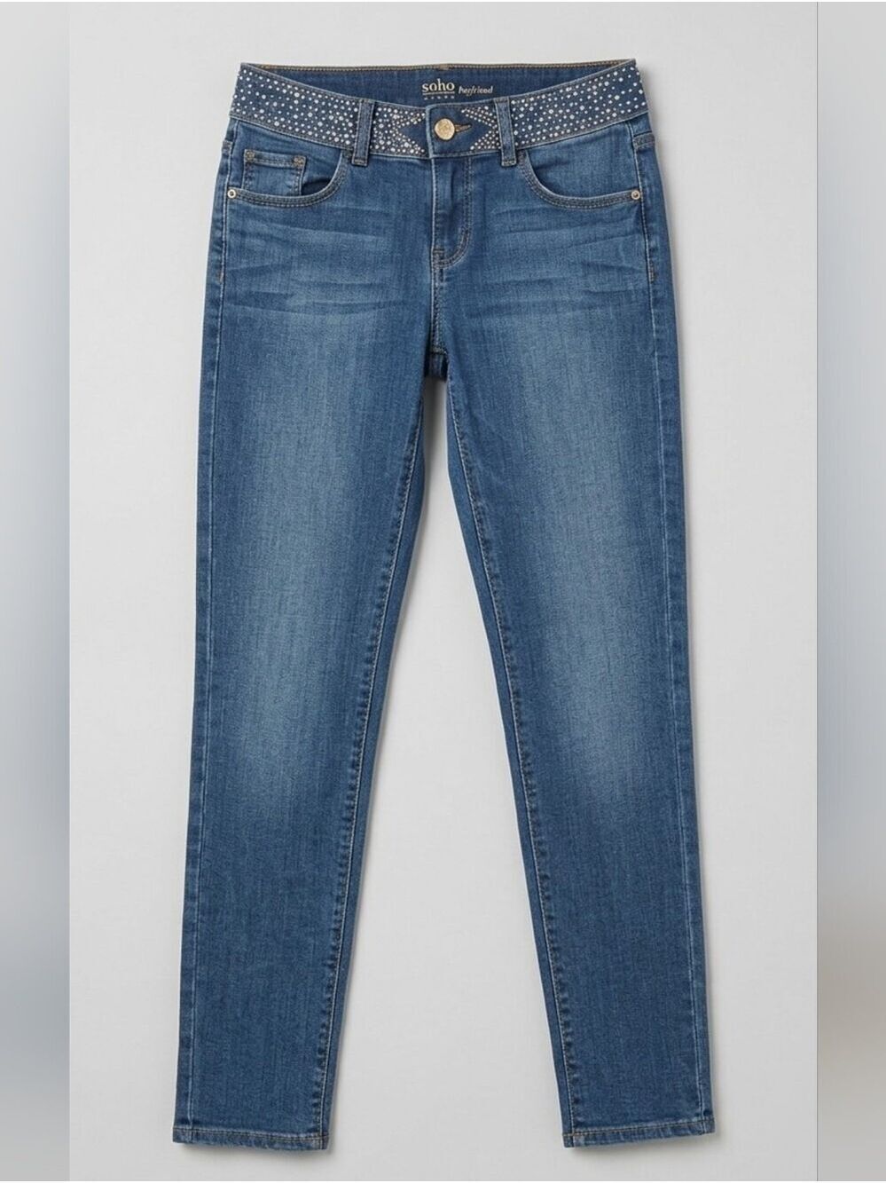 Soho Dark Blue Skinny Jeans with Studded Waist - Picture 1 of 4